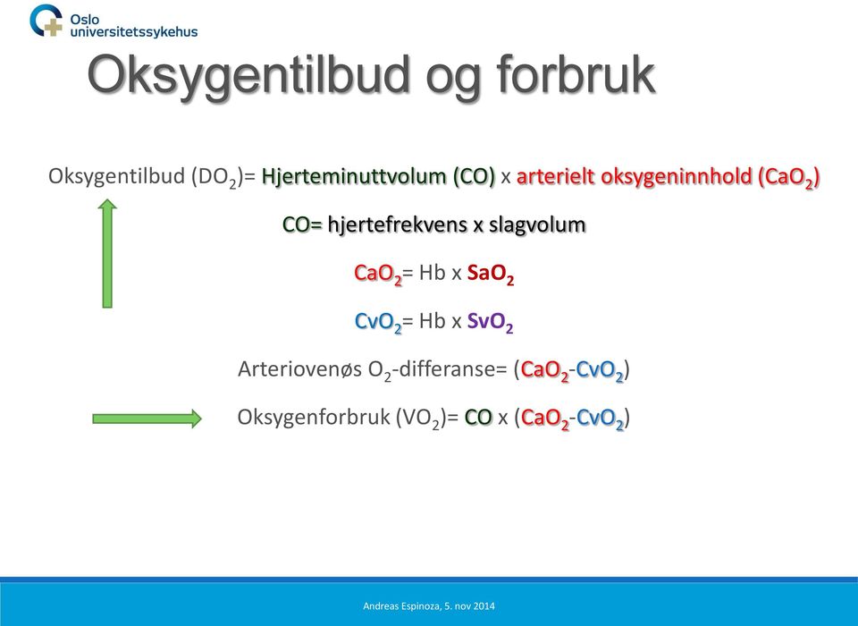 slagvolum CaO 2 = Hb x SaO 2 CvO 2 = Hb x SvO 2 Arteriovenøs O 2