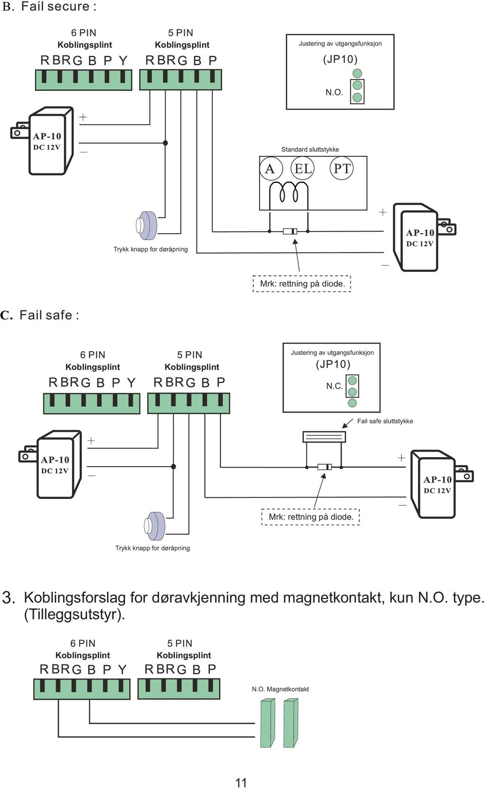 Justering av utgangsfunksjon N.C. Fail safe sluttstykke Mrk: rettning på diode.