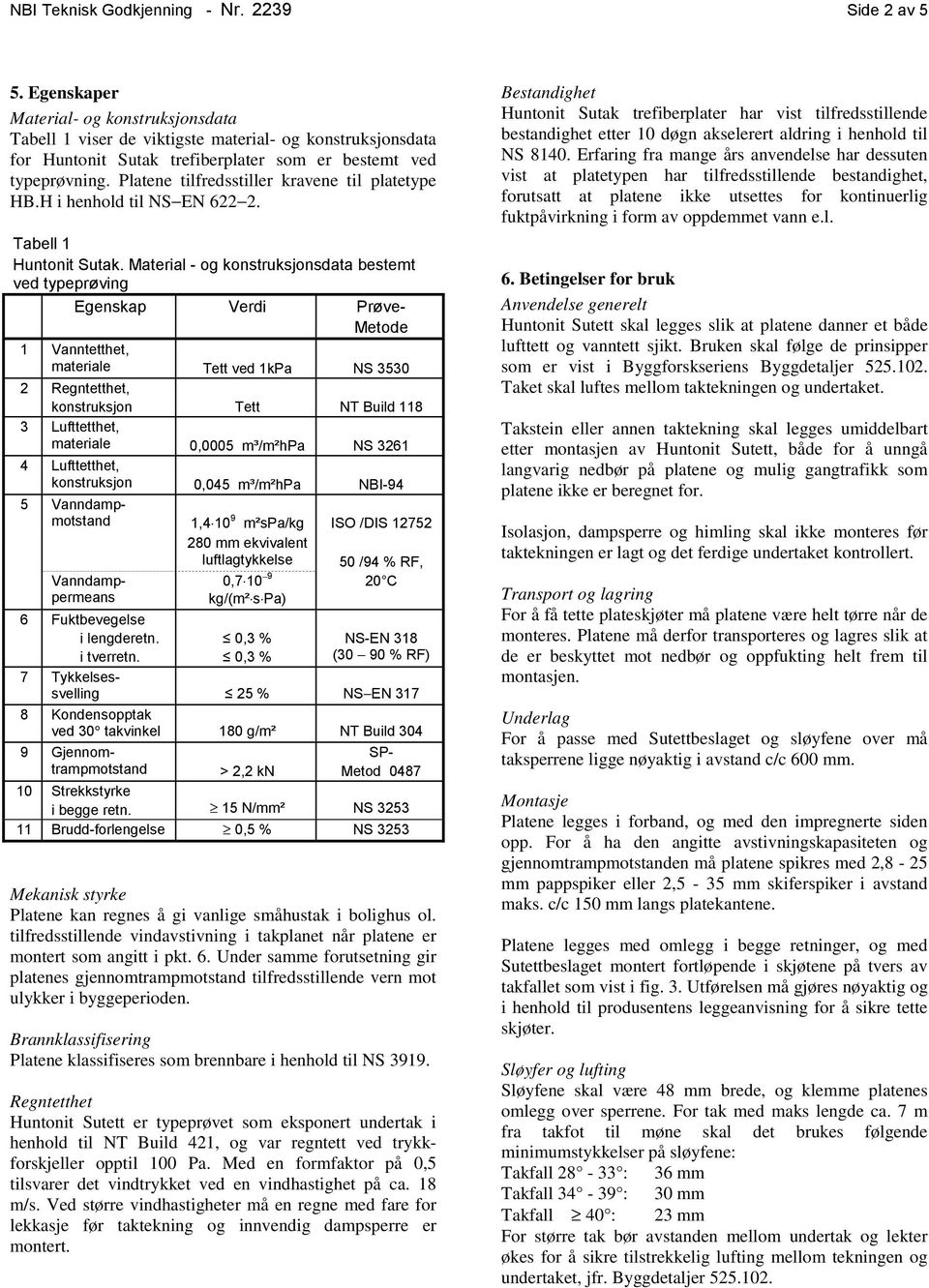 Platene tilfredsstiller kravene til platetype HB.H i henhold til NS EN 622 2. Tabell 1 Huntonit Sutak.