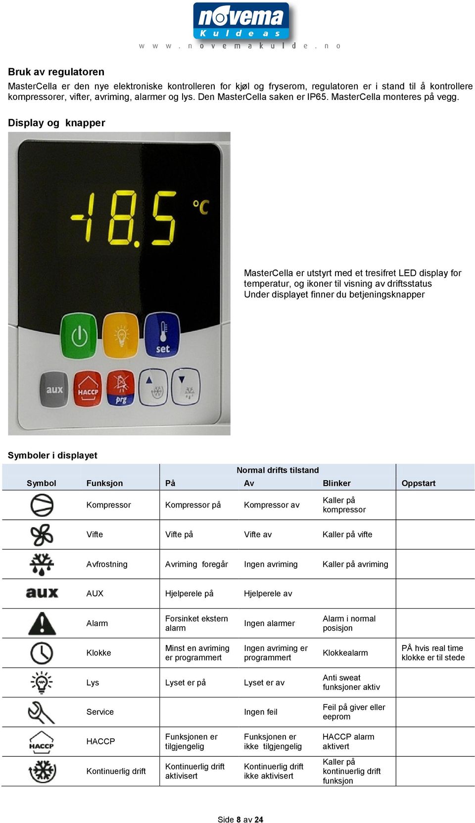 Display og knapper MasterCella er utstyrt med et tresifret LED display for temperatur, og ikoner til visning av driftsstatus Under displayet finner du betjeningsknapper Symboler i displayet Normal