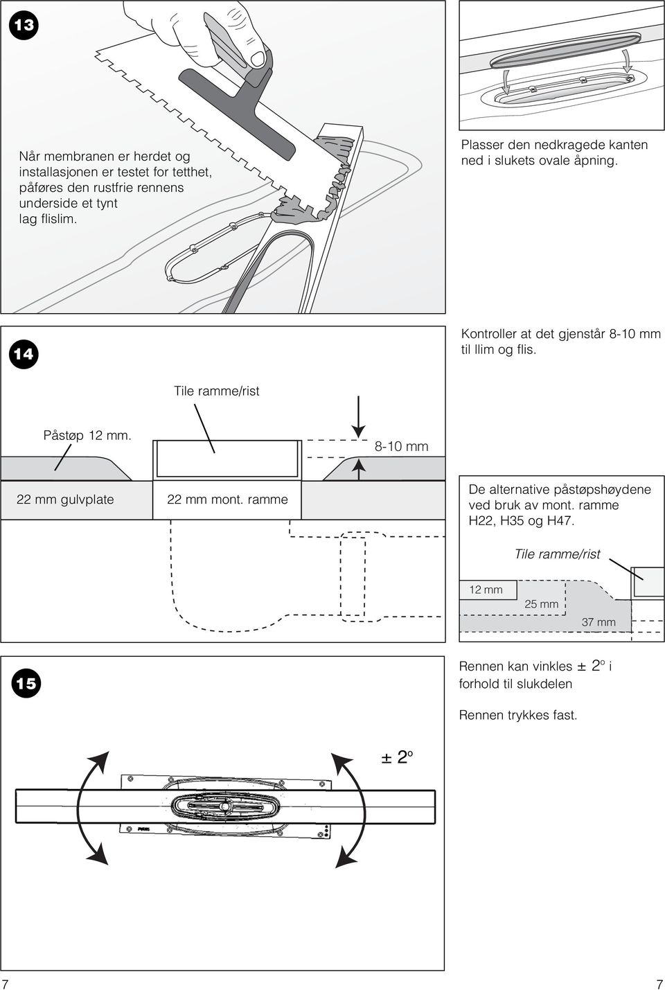 8-10 mm 22 mm gulvplate 22 mm mont. ramme De alternative påstøpshøydene ved bruk av mont. ramme H22, H35 og H47.