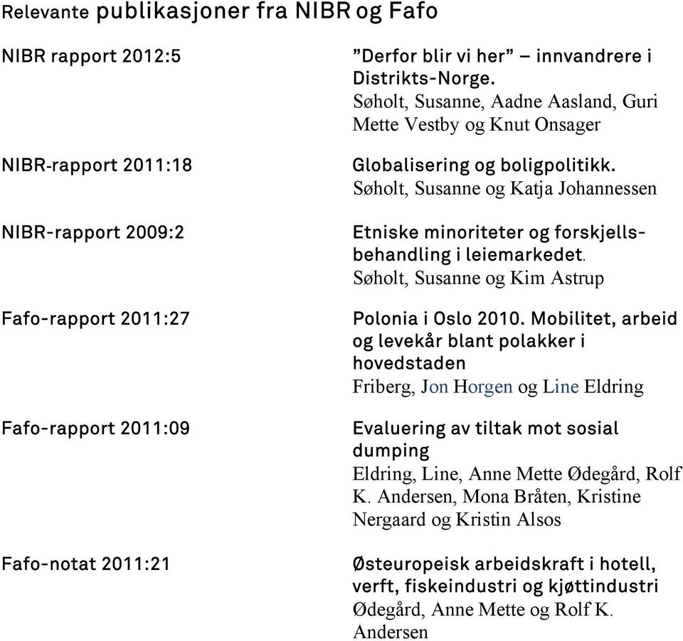 Søholt, Susanne og Katja Johannessen Etniske minoriteter og forskjellsbehandling i leiemarkedet. Søholt, Susanne og Kim Astrup Polonia i Oslo 2010.