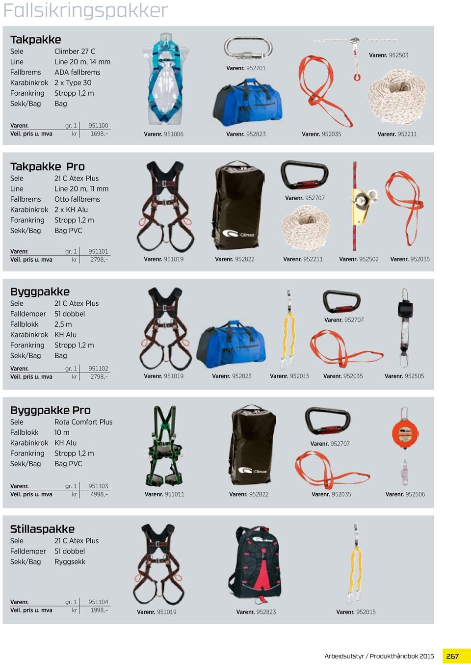 952211 Takpakke Pro Sele 21 C Atex Plus Line Line 20 m, 11 mm Fallbrems Otto fallbrems Karabinkrok 2 x KH Alu Forankring Stropp 1,2 m Sekk/Bag Bag PVC Varenr. 952707 Varenr. gr. 1 951101 Veil. pris u.