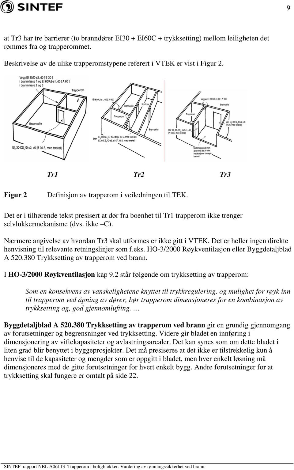 Nærmere angivelse av hvordan Tr3 skal utformes er ikke gitt i VTEK. Det er heller ingen direkte henvisning til relevante retningslinjer som f.eks. HO-3/2000 Røykventilasjon eller Byggdetaljblad A 520.