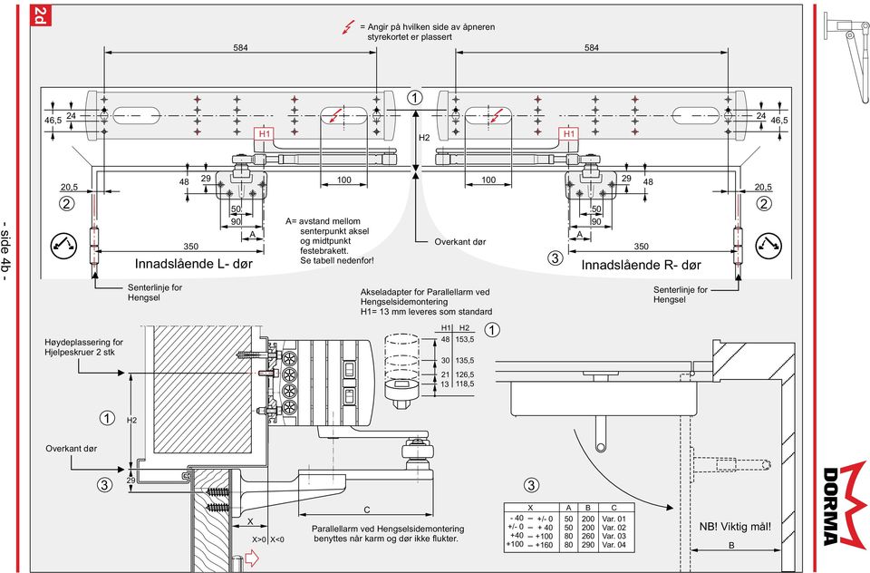 Innadslående L- dør A Innadslående R- dør Høydeplassering for Hjelpeskruer stk Senterlinje for Hengsel Akseladapter for Parallellarm ved Hengselsidemontering