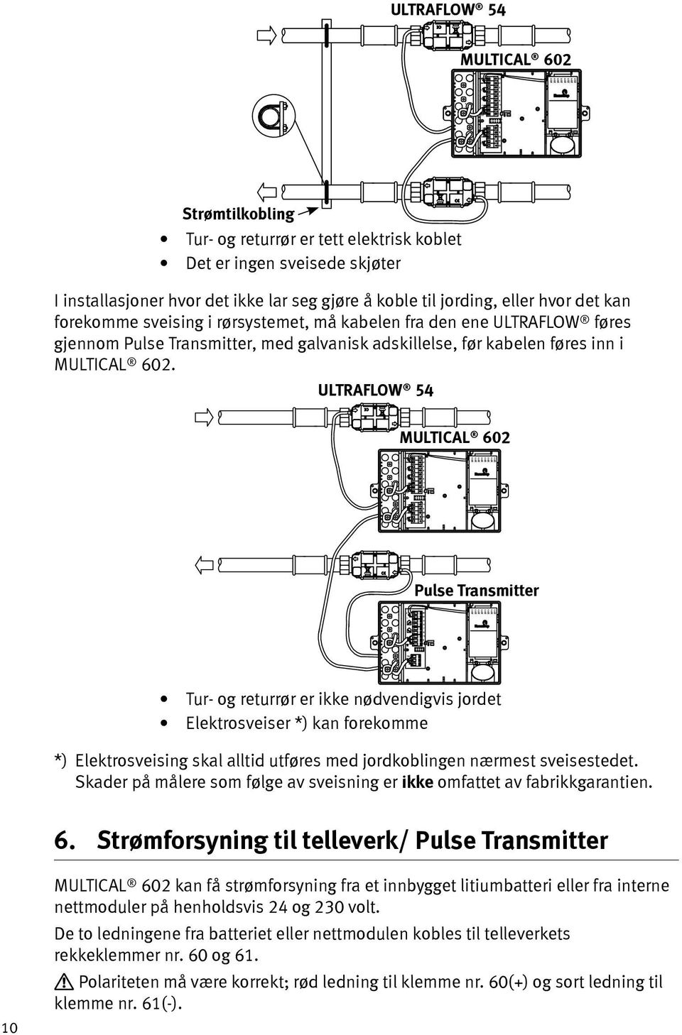 ULTRAFLOW 54 MULTICAL 602 Pulse Transmitter Tur- og returrør er ikke nødvendigvis jordet Elektrosveiser *) kan forekomme *) Elektrosveising skal alltid utføres med jordkoblingen nærmest sveisestedet.