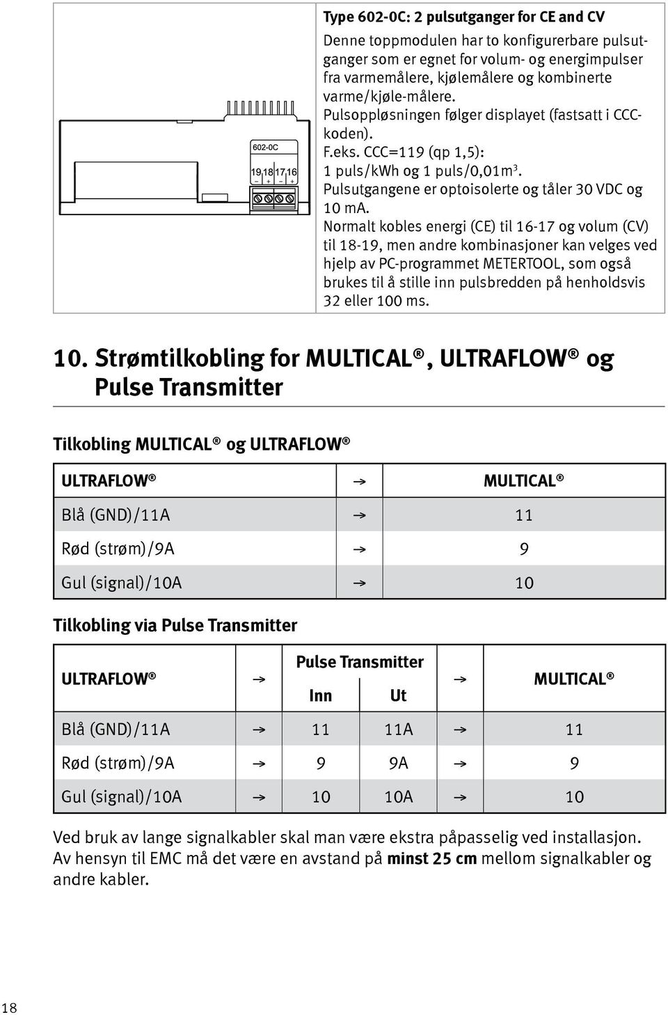 Normalt kobles energi (CE) til 16-17 og volum (CV) til 18-19, men andre kombinasjoner kan velges ved hjelp av PC-programmet METERTOOL, som også brukes til å stille inn pulsbredden på henholdsvis 32