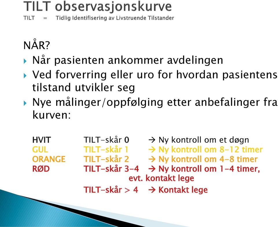 Ny kontroll om et døgn GUL TILT-skår 1 Ny kontroll om 8-12 timer ORANGE TILT-skår 2 Ny