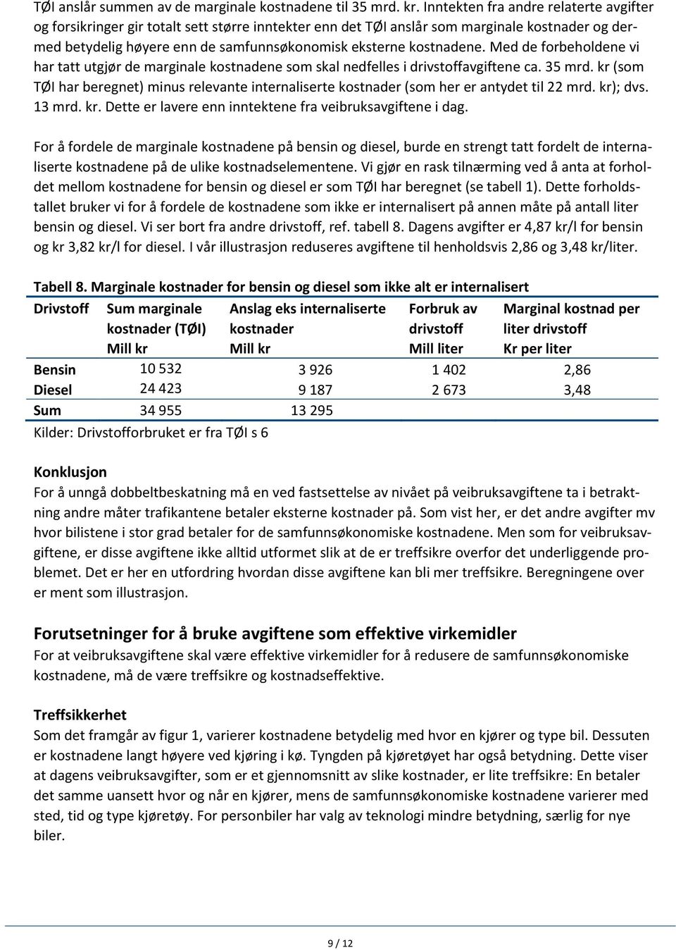 kostnadene. Med de forbeholdene vi har tatt utgjør de marginale kostnadene som skal nedfelles i drivstoffavgiftene ca. 35 mrd.