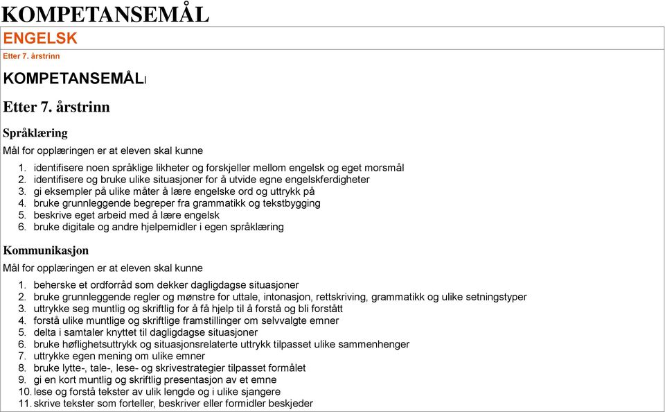 tekstbygging 5 beskrive eget arbeid med å lære engelsk 6 bruke digitale og andre hjelpemidler i egen språklæring Kommunikasjon Mål for opplæringen er at eleven skal kunne 1 beherske et ordforråd som