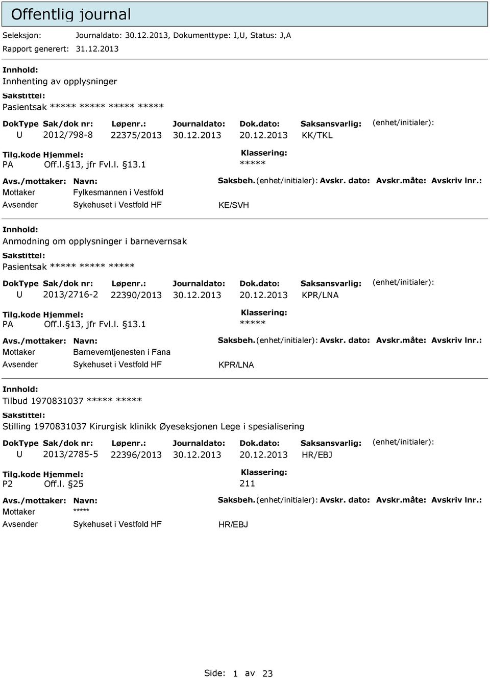 : Mottaker Fylkesmannen i Vestfold KE/SVH Anmodning om opplysninger i barnevernsak Pasientsak 2013/2716-2 22390/2013 KPR/LNA Avs.