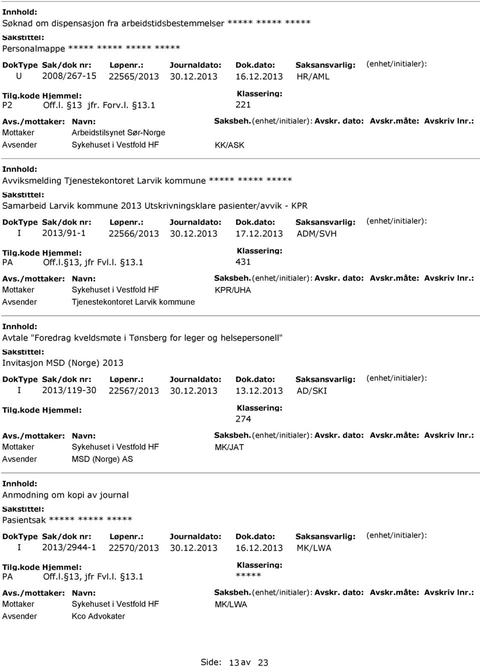 2013 ADM/SVH 431 Avs./mottaker: Navn: Saksbeh. Avskr. dato: Avskr.måte: Avskriv lnr.