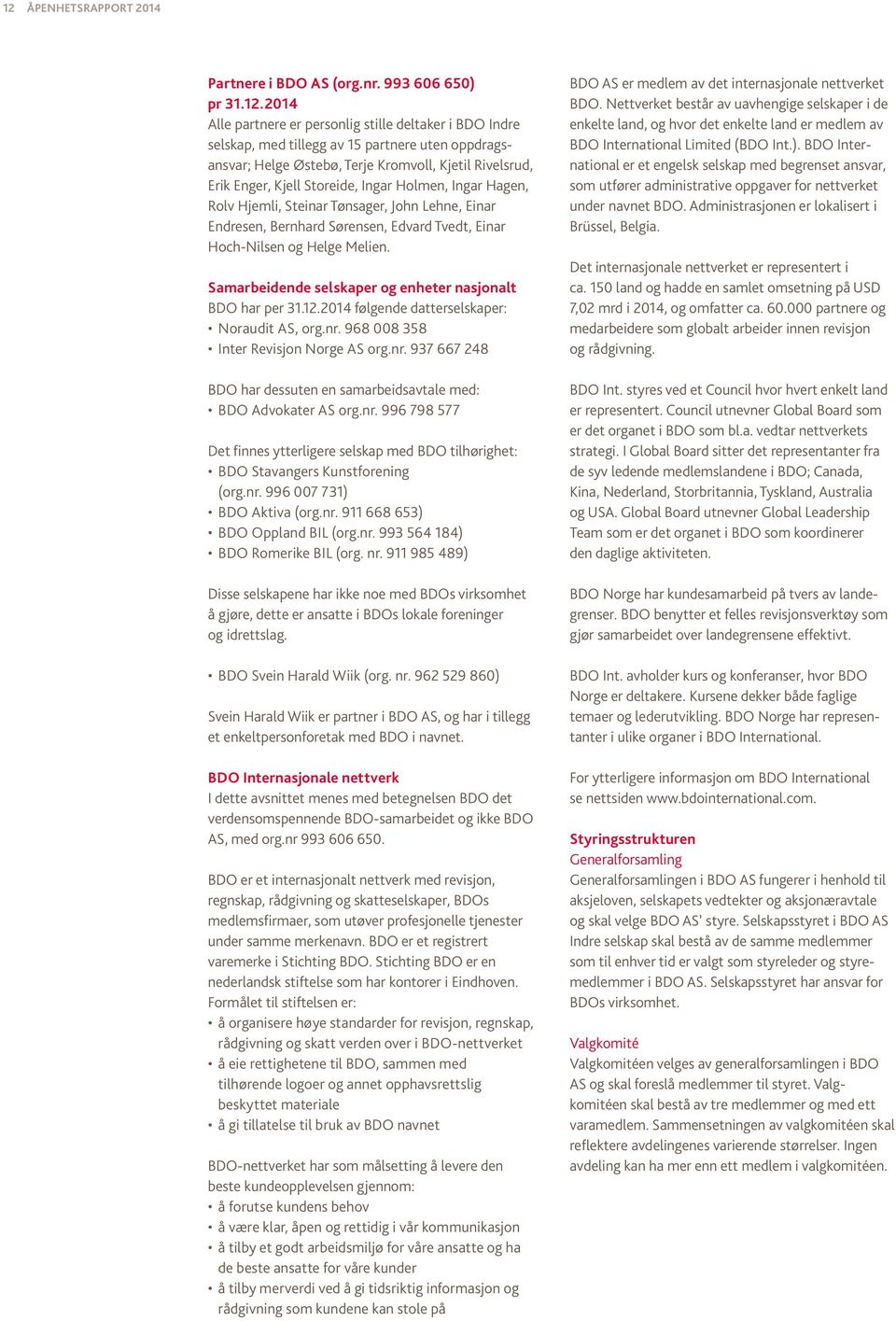 Hoch-Nilsen og Helge Melien. Samarbeidende selskaper og enheter nasjonalt BDO har per 31.12.2014 følgende datterselskaper: Noraudit AS, org.nr.