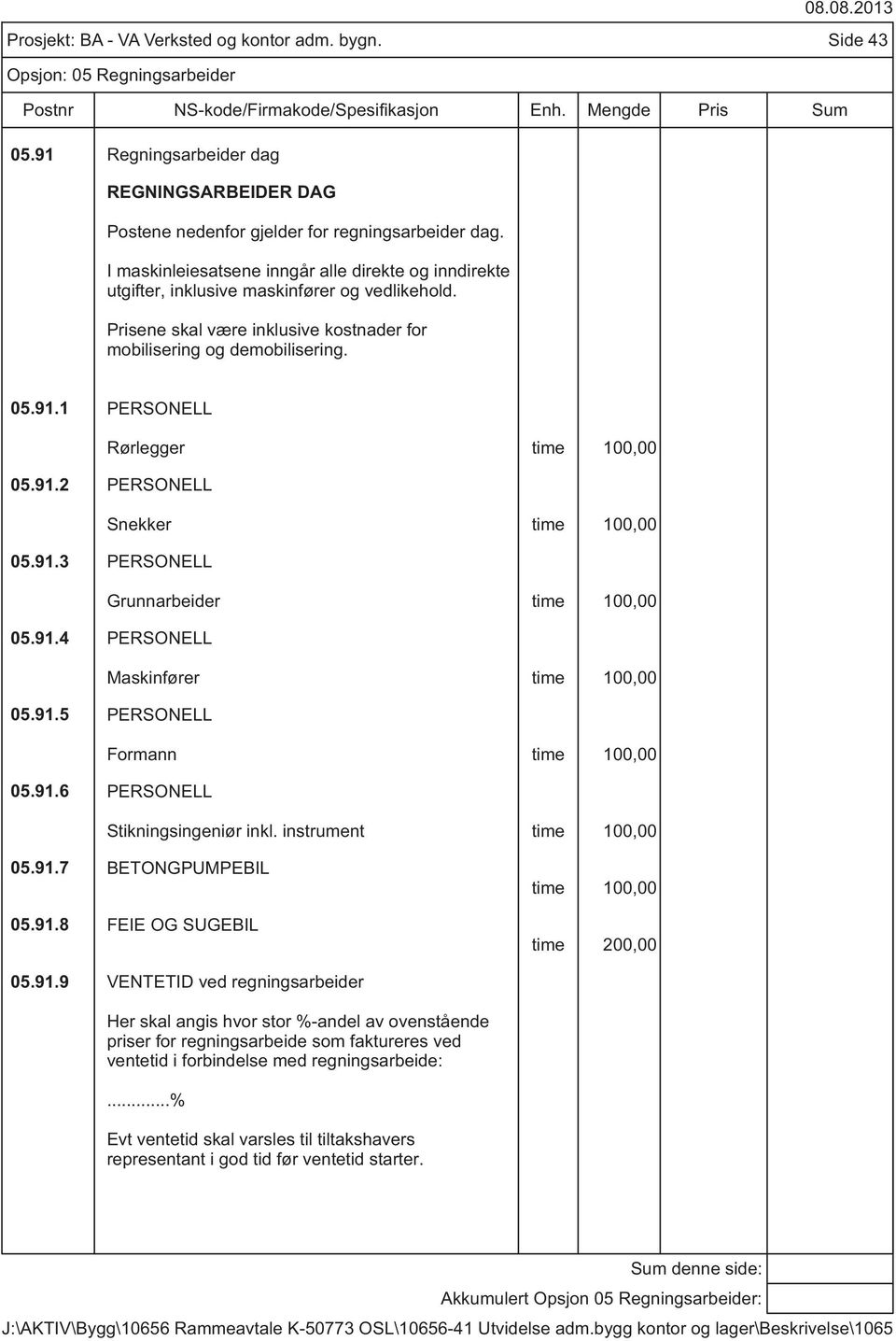 91.3 PERSONELL Grunnarbeider 05.91.4 PERSONELL Maskinfører 05.91.5 PERSONELL Formann 05.91.6 PERSONELL Stikningsingeniør inkl. instrument 05.91.7 BETONGPUMPEBIL 05.91.8 FEIE OG SUGEBIL time 200,00 05.