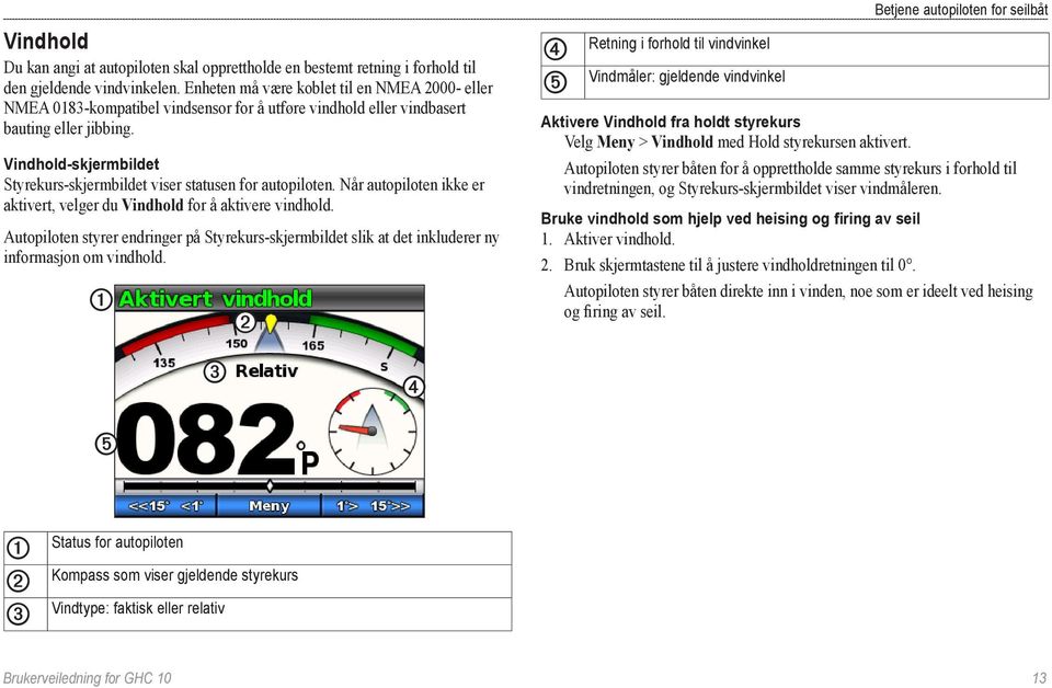 Vindhold-skjermbildet Styrekurs-skjermbildet viser statusen for autopiloten. Når autopiloten ikke er aktivert, velger du Vindhold for å aktivere vindhold.