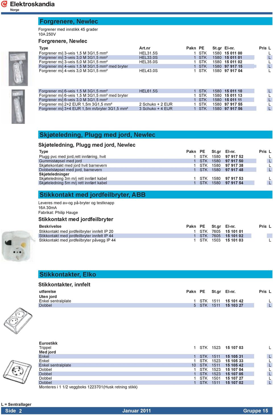 0S 1 STK 1580 15 011 02 L Forgrener m/j 4-veis 1,5 M 3G1,5 mm² med bryter 1 STK 1580 97 917 15 L Forgrener m/j 4-veis 3,0 M 3G1,5 mm² HEL43.