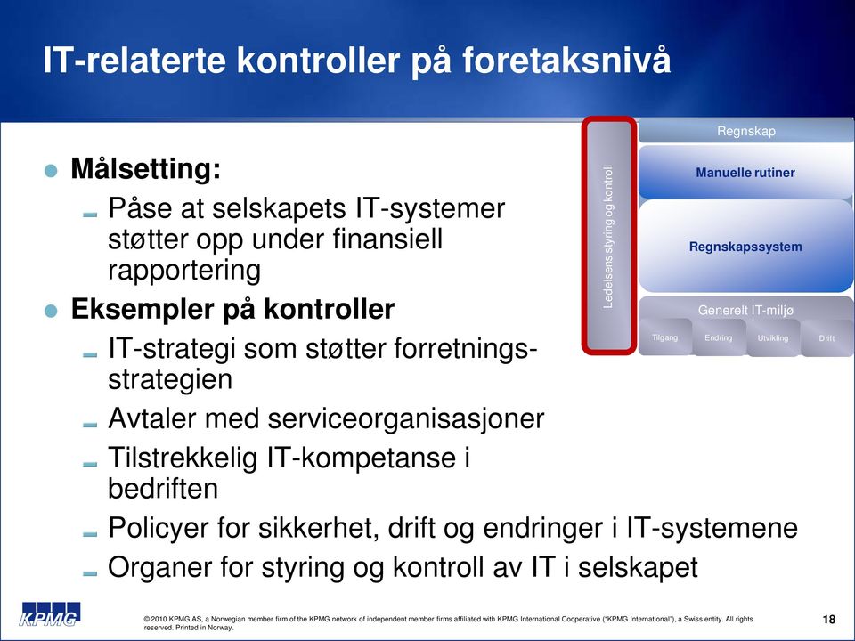 serviceorganisasjoner Tilstrekkelig IT-kompetanse i bedriften Policyer for sikkerhet, drift og endringer i IT-systemene Organer for