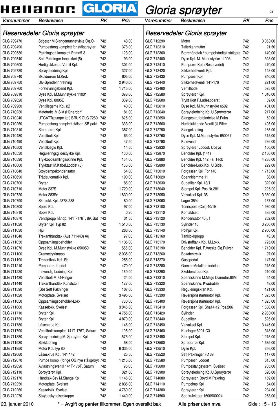 Ventil Kpl. 742 301,00 GLG 709720 Sprøyteledning Kpl. 742 327,00 GLG 709740 Skulderrem M.Krok 742 605,00 GLG 709750 Ulv-Sprederinnretning 742 2 940,00 GLG 709760 Forstøvningsbend Kpl.