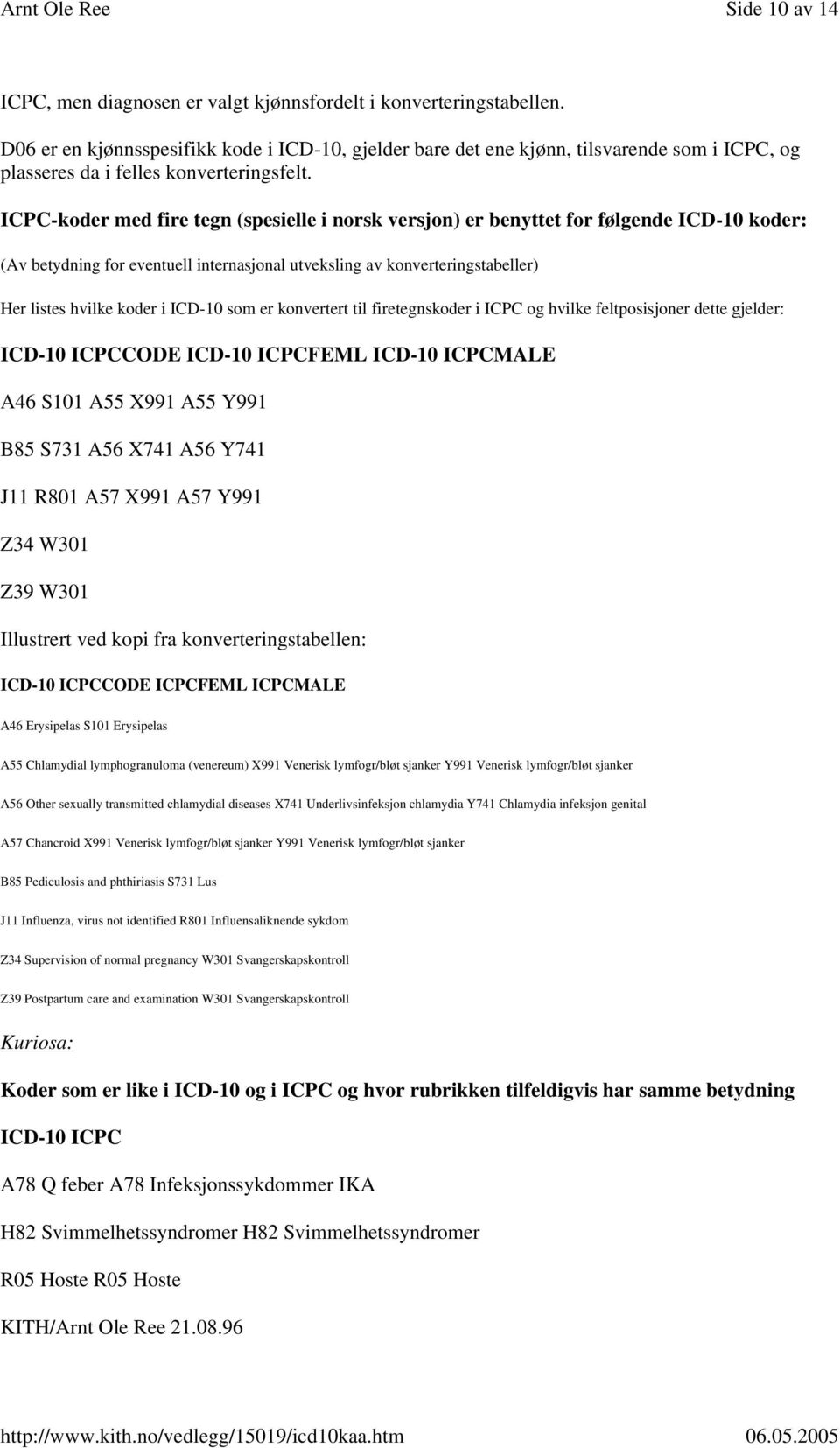 ICPC-koder med fire tegn (spesielle i norsk versjon) er benyttet for følgende ICD-10 koder: (Av betydning for eventuell internasjonal utveksling av konverteringstabeller) Her listes hvilke koder i