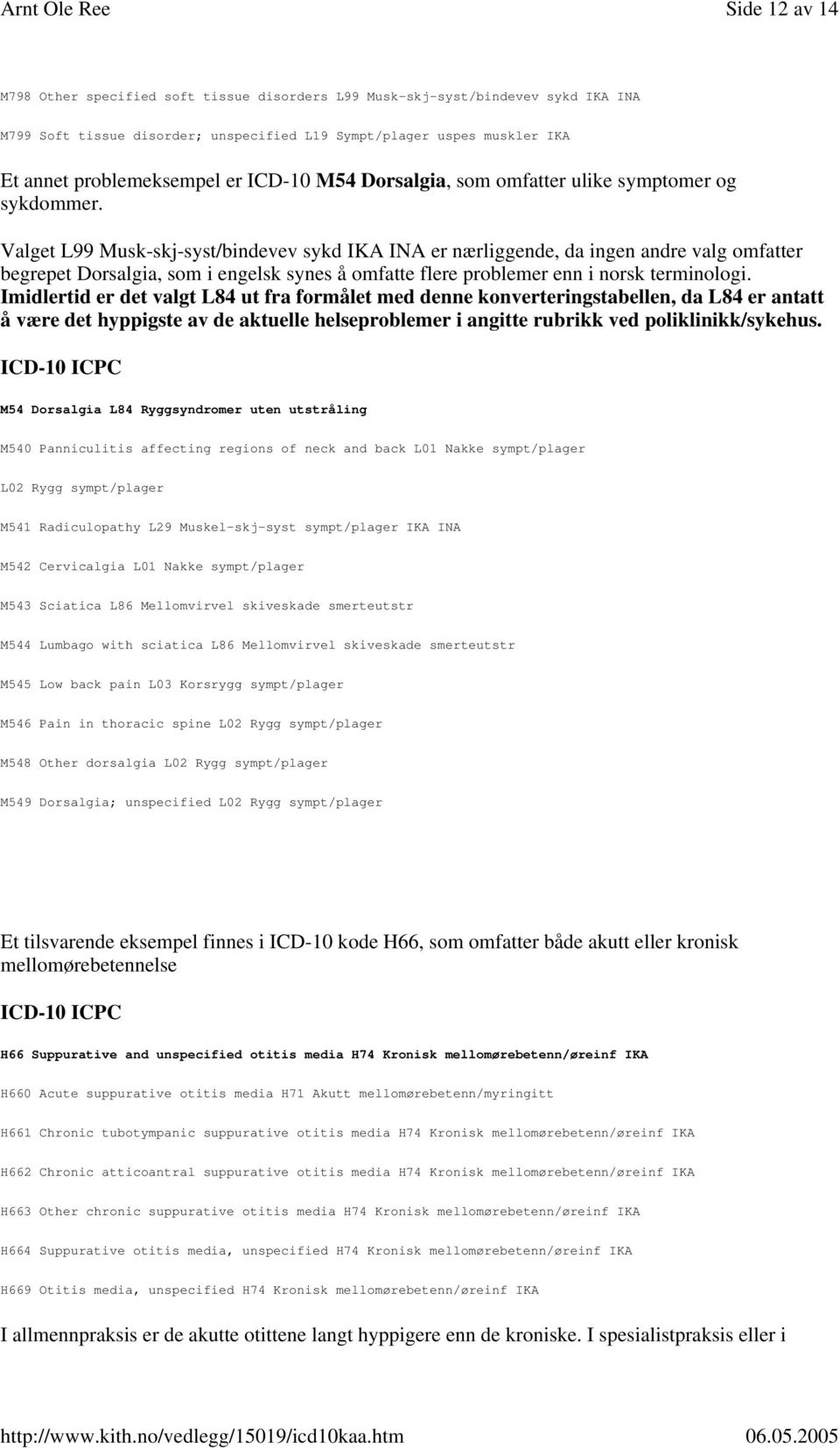 Valget L99 Musk-skj-syst/bindevev sykd IKA INA er nærliggende, da ingen andre valg omfatter begrepet Dorsalgia, som i engelsk synes å omfatte flere problemer enn i norsk terminologi.