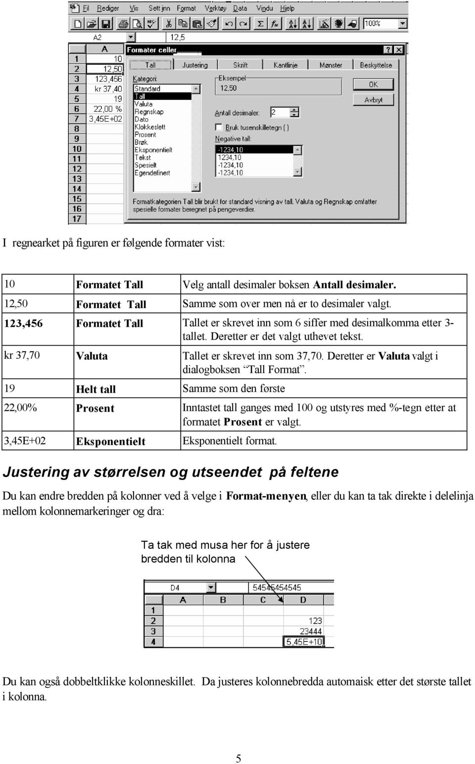 Deretter er Valuta valgt i dialogboksen Tall Format. 19 Helt tall Samme som den første 22,00% Prosent Inntastet tall ganges med 100 og utstyres med %-tegn etter at formatet Prosent er valgt.