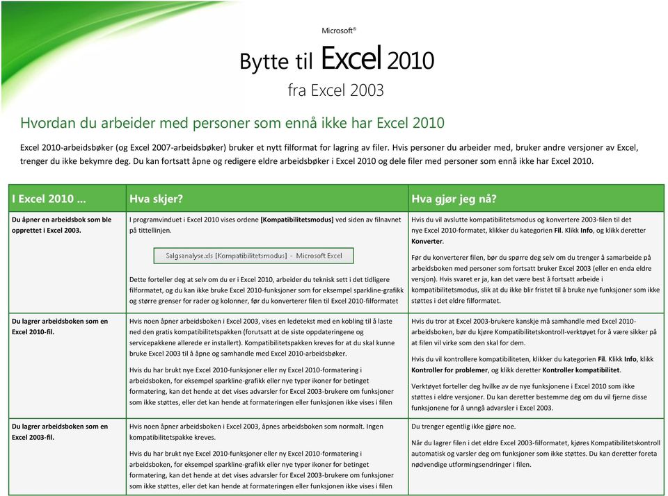 Du kan fortsatt åpne og redigere eldre arbeidsbøker i Excel 2010 og dele filer med personer som ennå ikke har Excel 2010. I Excel 2010... Hva skjer? Hva gjør jeg nå?