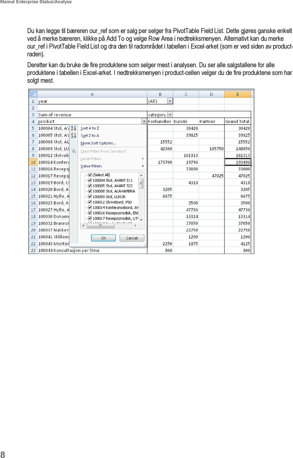 Alternativt kan du merke our_ref i PivotTable Field List og dra den til radområdet i tabellen i Excel-arket (som er ved siden av productraden).