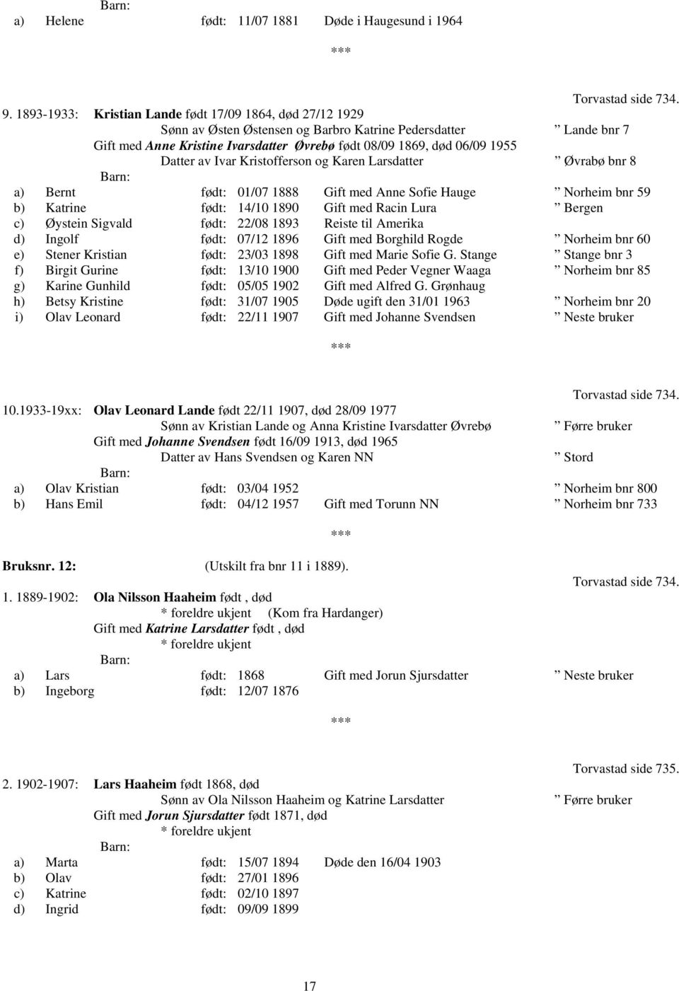 Datter av Ivar Kristofferson og Karen Larsdatter Øvrabø bnr 8 a) Bernt født: 01/07 1888 Gift med Anne Sofie Hauge Norheim bnr 59 b) Katrine født: 14/10 1890 Gift med Racin Lura Bergen c) Øystein