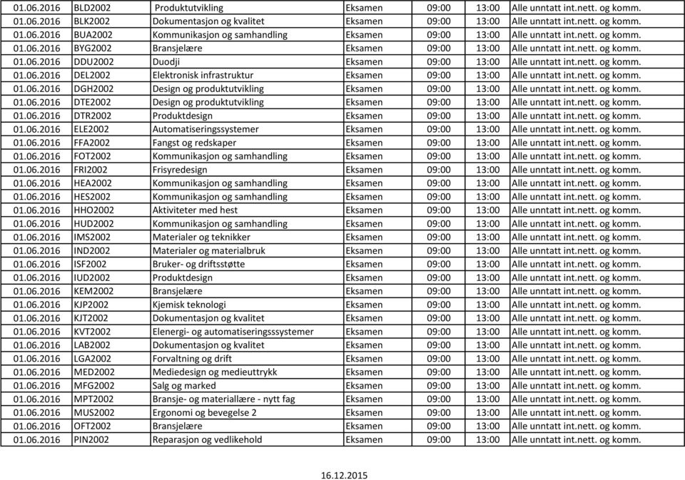 nett. og komm. 01.06.2016 DGH2002 Design og produktutvikling Eksamen 09:00 13:00 Alle unntatt int.nett. og komm. 01.06.2016 DTE2002 Design og produktutvikling Eksamen 09:00 13:00 Alle unntatt int.