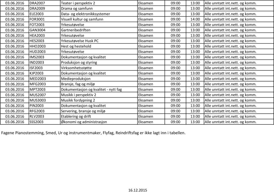 nett. og komm. 03.06.2016 HEA2003 Yrkesutøvelse Eksamen 09:00 13:00 Alle unntatt int.nett. og komm. 03.06.2016 HES2003 Yrkesutøvelse Husk PC Eksamen 09:00 13:00 Alle unntatt int.nett. og komm. 03.06.2016 HHO2003 Hest og hestehold Eksamen 09:00 13:00 Alle unntatt int.
