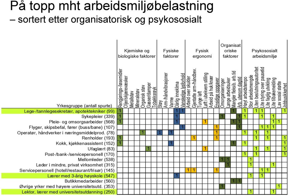 utenom dagtid Høyt arbeidstempo Stor arbeidsmengde Liten beslutningsautoritet Lite styring over pausetid Lite faglig utvikling Lite tilbakemelding Lav sosial støtte Jobbusikkerhet På topp mht