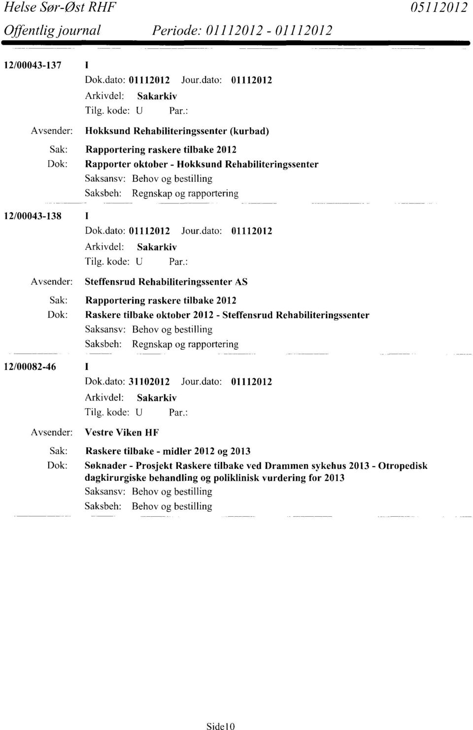 2012 - Steffensrud Rehabiliteringssenter Saksansv: Behov og bestilling Saksbeh: Regnskap og rapportering Vestre Viken HF Sak: Raskere tilbake - midler 2012 og 2013 Dok: Søknader