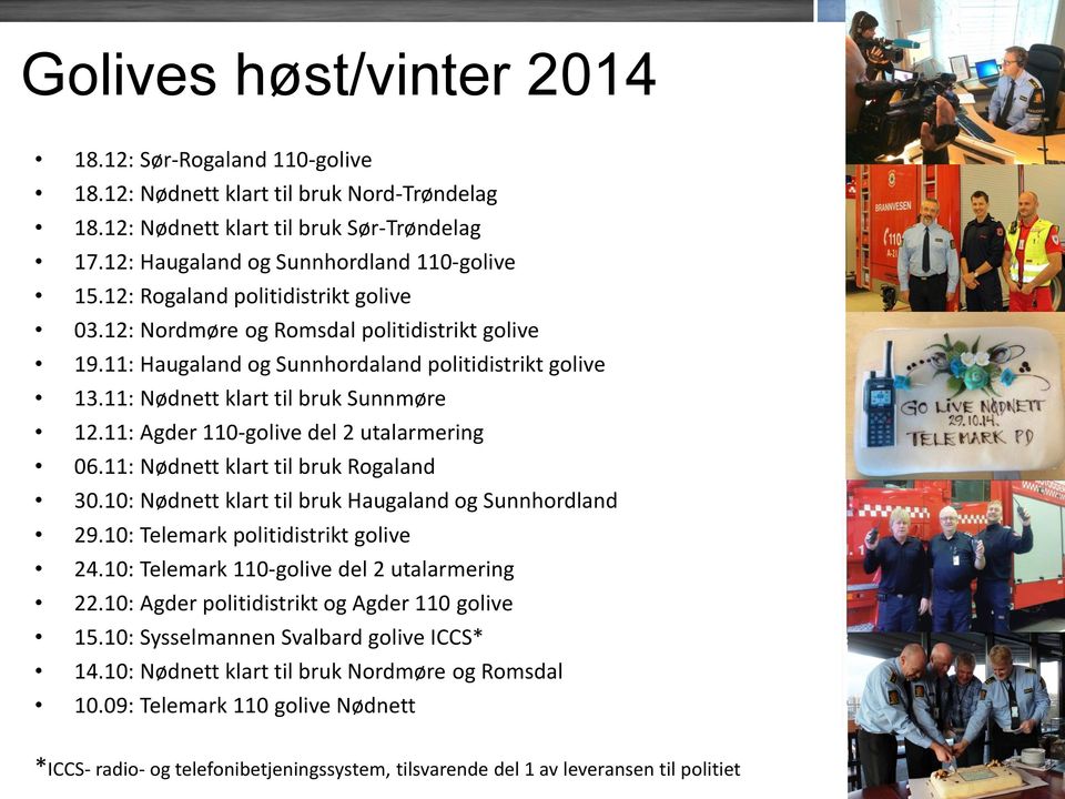 11: Agder 110-golive del 2 utalarmering 06.11: Nødnett klart til bruk Rogaland 30.10: Nødnett klart til bruk Haugaland og Sunnhordland 29.10: Telemark politidistrikt golive 24.