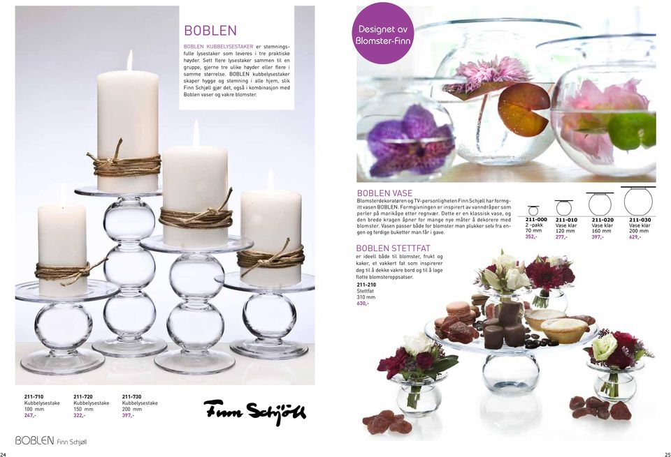 Designet av Blomster-Finn BOBLEN vase Blomsterdekoratøren og TV-personligheten Finn Schjøll har formgitt vasen BOBLEN. Formgivningen er inspirert av vanndråper som perler på marikåpe etter regnvær.
