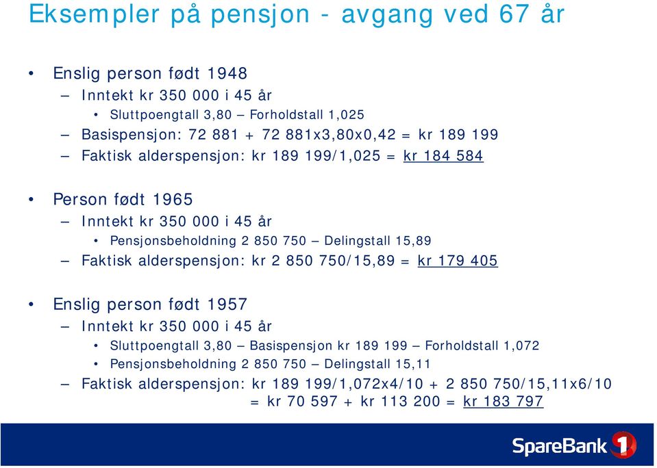 Delingstall 15,89 Faktisk alderspensjon: kr 2 850 750/15,89 = kr 179 405 Enslig person født 1957 Inntekt kr 350 000 i 45 år Sluttpoengtall 3,80 Basispensjon kr