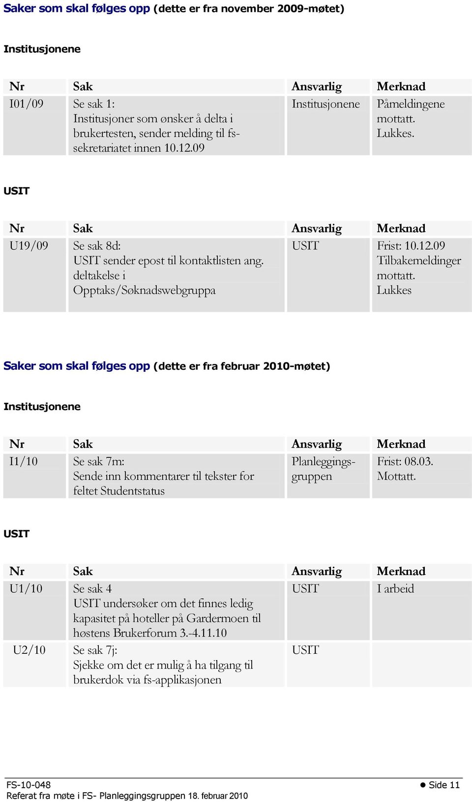 deltakelse i Opptaks/Søknadswebgruppa USIT Frist: 10.12.09 Tilbakemeldinger mottatt.