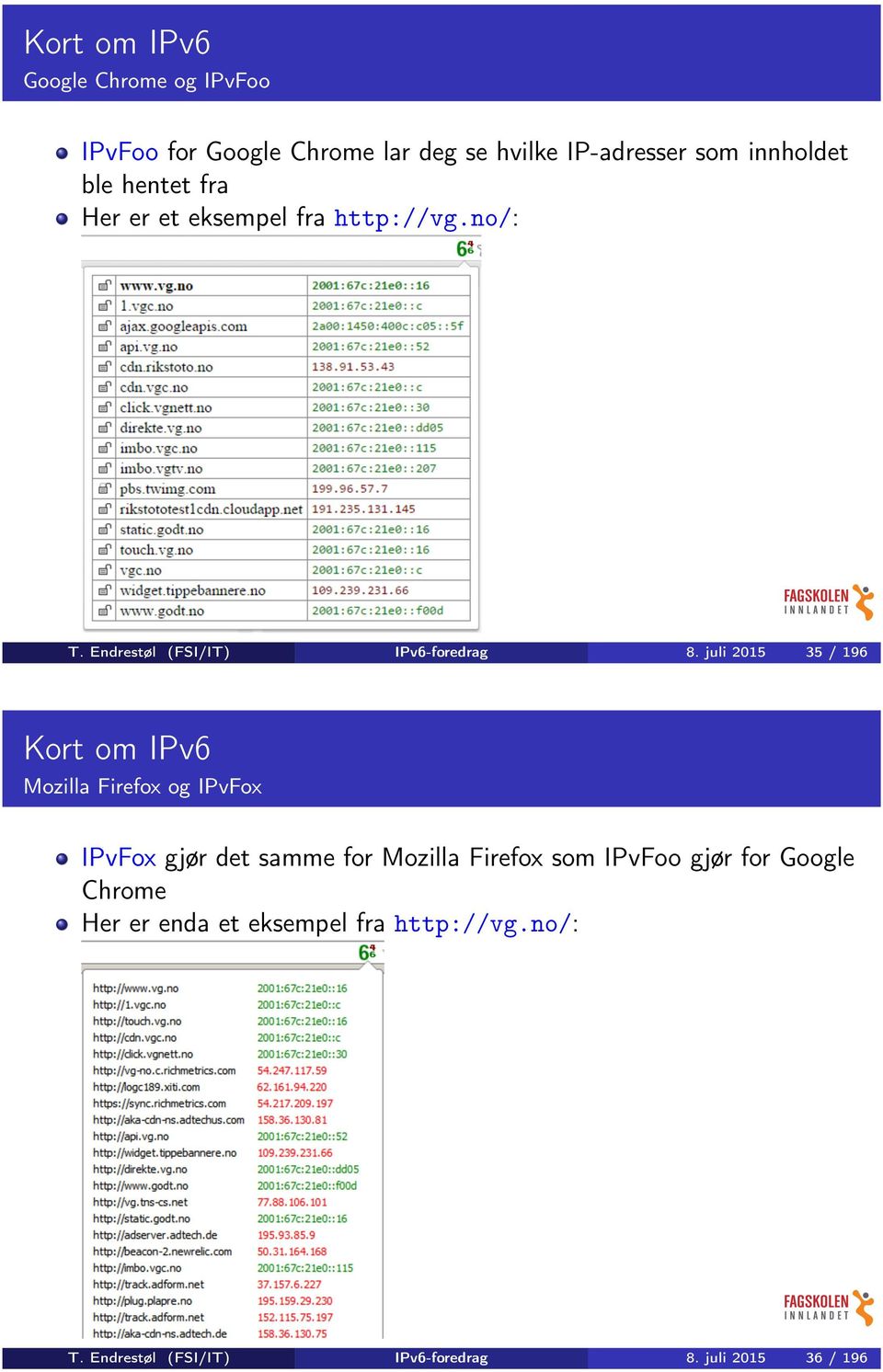 juli 2015 35 / 196 Kort om IPv6 Mozilla Firefox og IPvFox IPvFox gjør det samme for Mozilla Firefox som