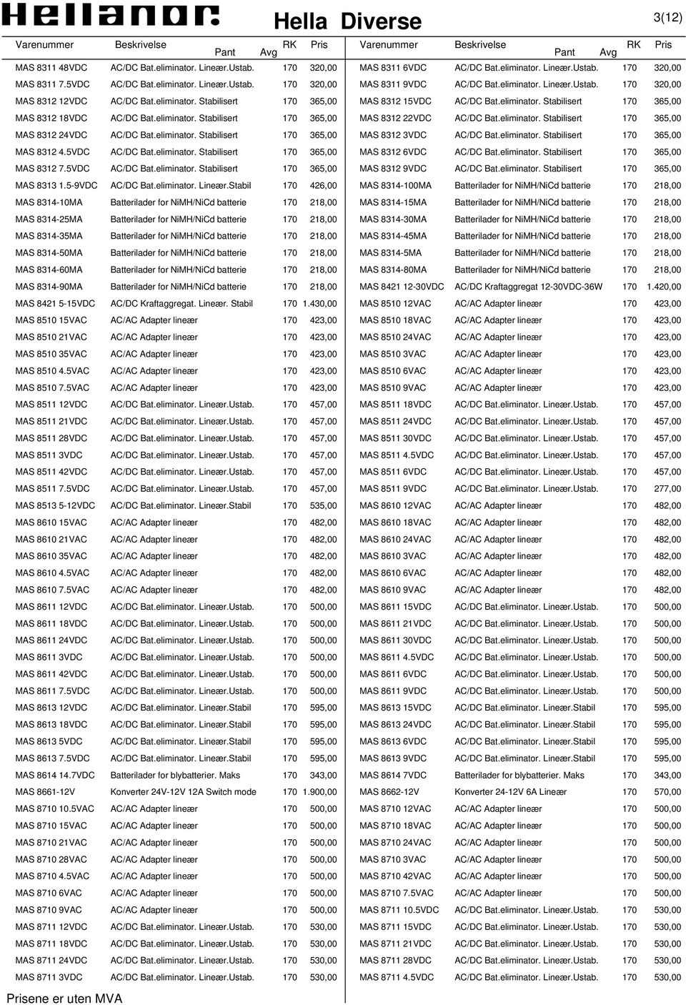 eliminator. Stabilisert 170 365,00 MAS 8312 24VDC AC/DC Bat.eliminator. Stabilisert 170 365,00 MAS 8312 3VDC AC/DC Bat.eliminator. Stabilisert 170 365,00 MAS 8312 4.5VDC AC/DC Bat.eliminator. Stabilisert 170 365,00 MAS 8312 6VDC AC/DC Bat.