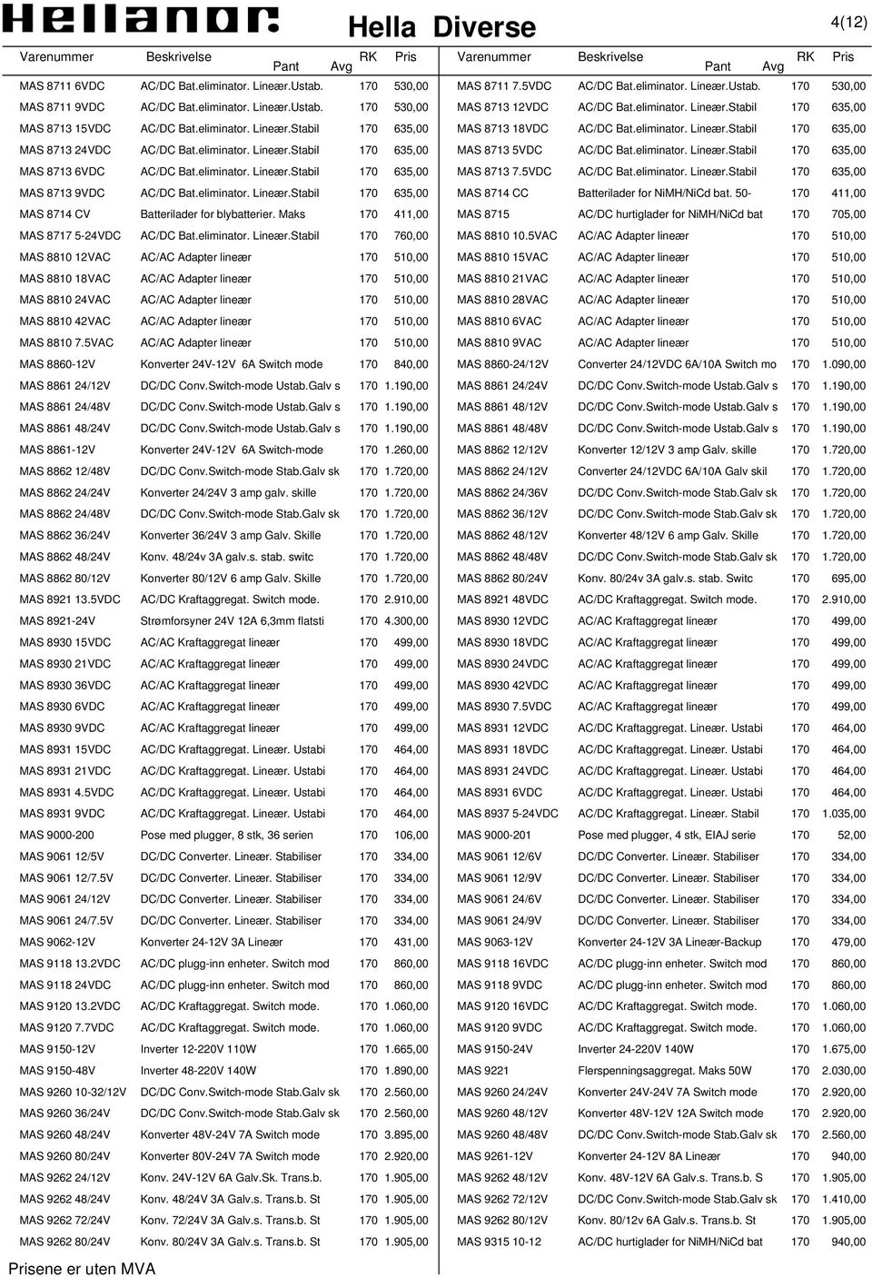 eliminator. Lineær.Stabil 170 635,00 MAS 8713 6VDC AC/DC Bat.eliminator. Lineær.Stabil 170 635,00 MAS 8713 7.5VDC AC/DC Bat.eliminator. Lineær.Stabil 170 635,00 MAS 8713 9VDC AC/DC Bat.eliminator. Lineær.Stabil 170 635,00 MAS 8714 CC Batterilader for NiMH/NiCd bat.