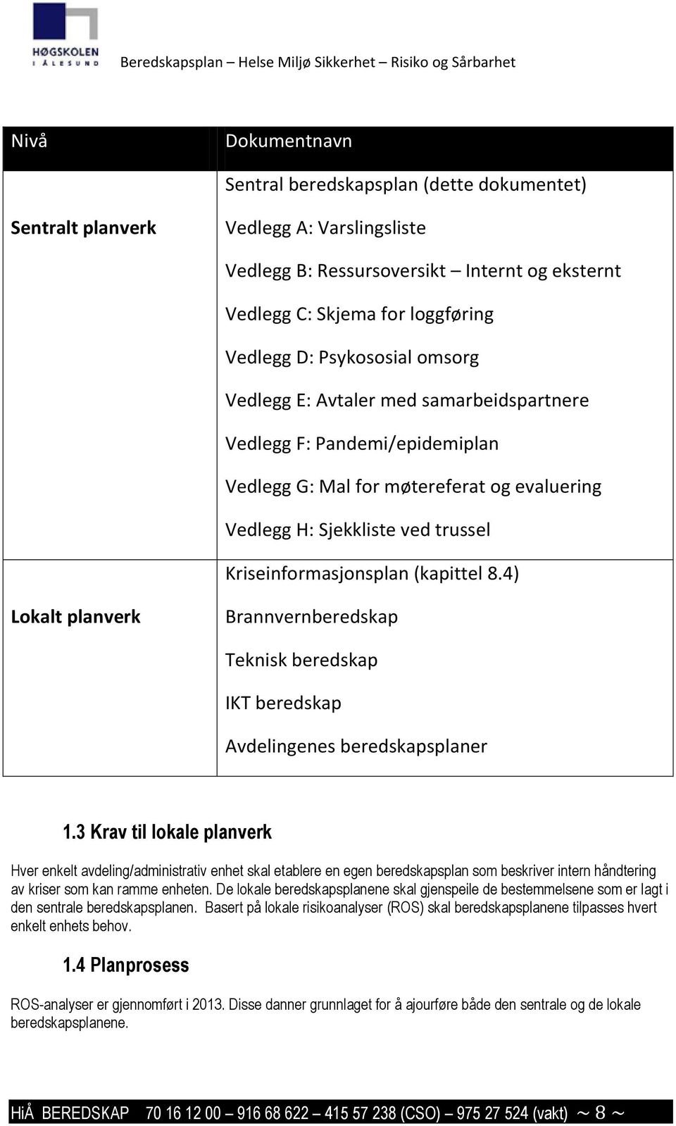 (kapittel 8.4) Lokalt planverk Brannvernberedskap Teknisk beredskap IKT beredskap Avdelingenes beredskapsplaner 1.