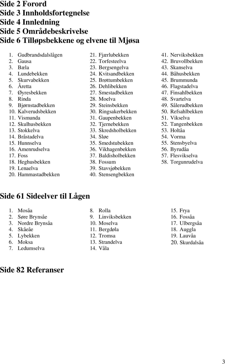 Lenaelva 20. Hammastadbekken 21. Fjærlubekken 22. Torfesteelva 23. Bergsengelva 24. Kvitsandbekken 25. Brøttumbekken 26. Dehlibekken 27. Smestadbekken 28. Moelva 29. Steinsbekken 30.