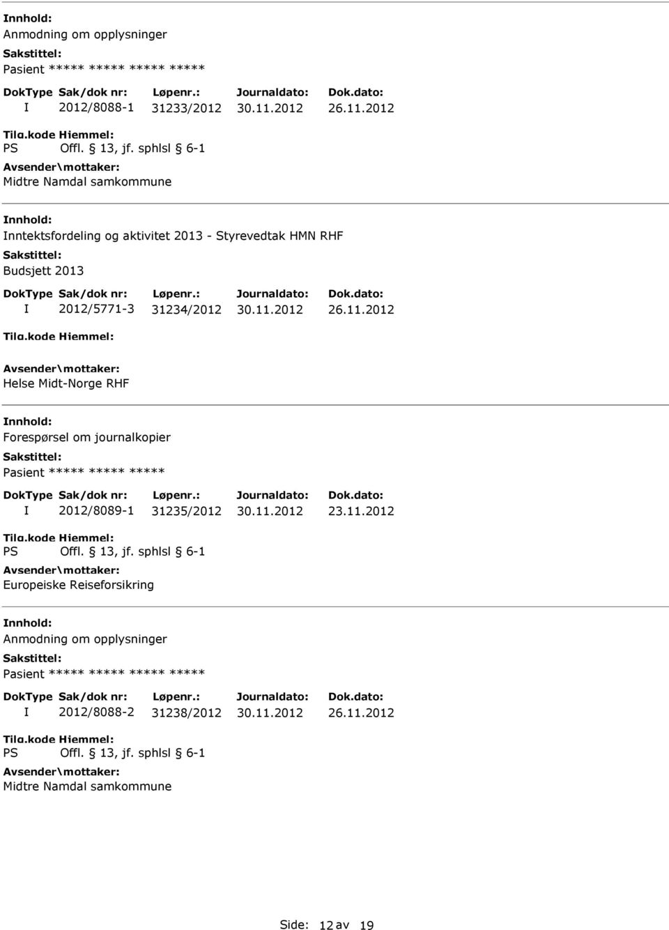 2012 Helse Midt-Norge RHF Forespørsel om journalkopier Pasient ***** ***** ***** 2012/8089-1 31235/2012 Europeiske