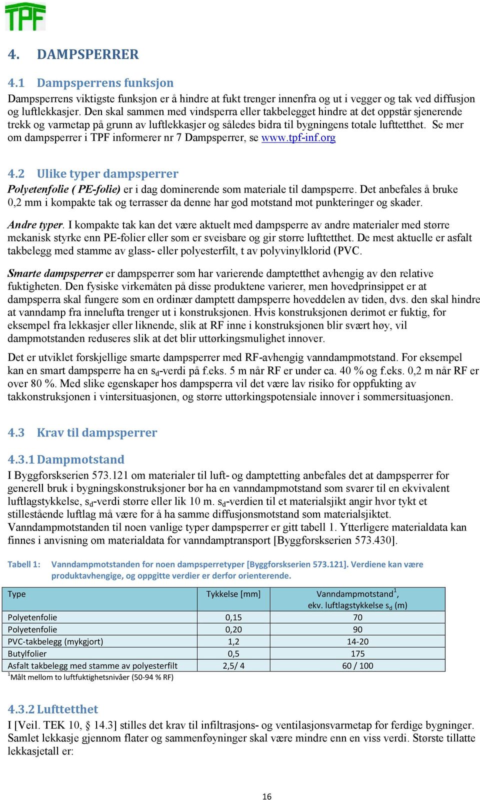 Se mer om dampsperrer i TPF informerer nr 7 Dampsperrer, se www.tpf-inf.org 4.2 Ulike typer dampsperrer Polyetenfolie ( PE-folie) er i dag dominerende som materiale til dampsperre.