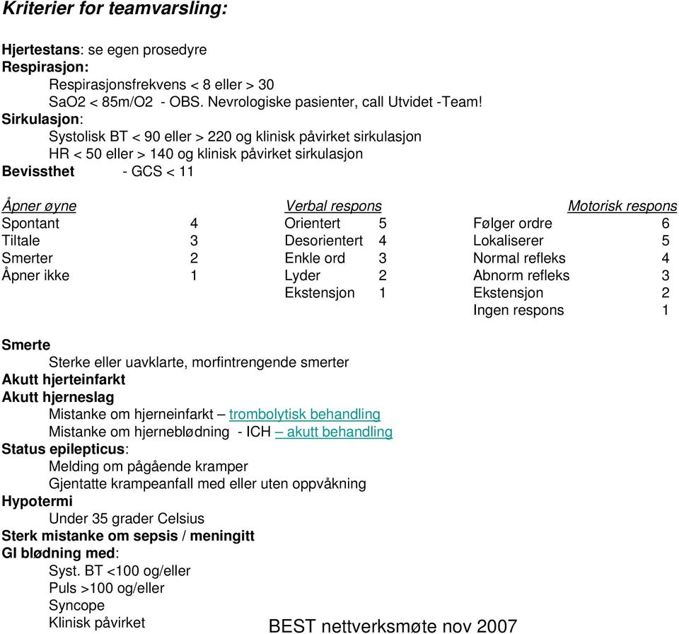 4 Orientert 5 Følger ordre 6 Tiltale 3 Desorientert 4 Lokaliserer 5 Smerter 2 Enkle ord 3 Normal refleks 4 Åpner ikke 1 Lyder 2 Abnorm refleks 3 Ekstensjon 1 Ekstensjon 2 Ingen respons 1 Smerte