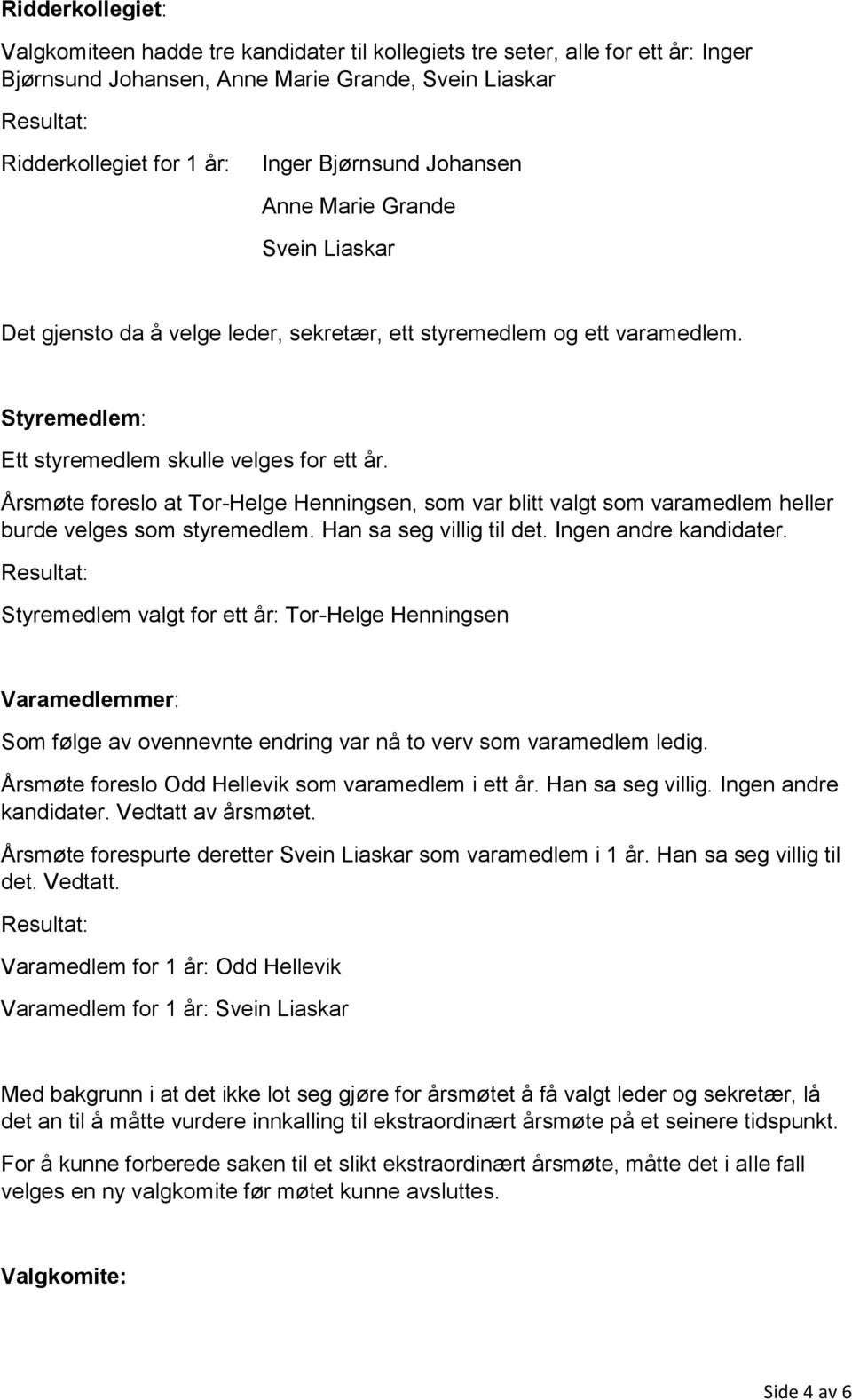 Årsmøte foreslo at Tor-Helge Henningsen, som var blitt valgt som varamedlem heller burde velges som styremedlem. Han sa seg villig til det. Ingen andre kandidater.