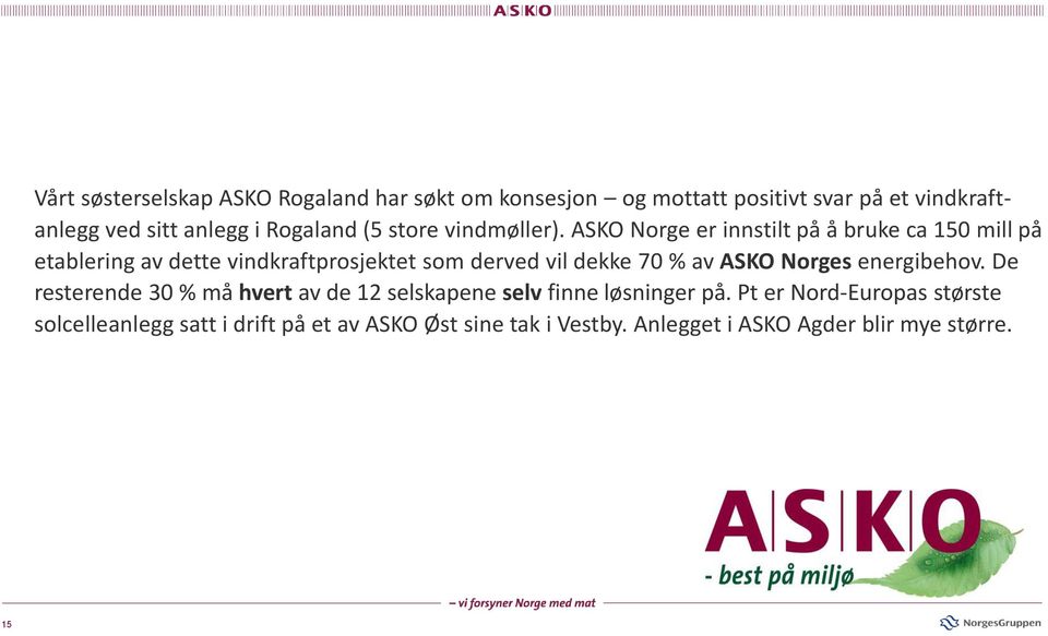 ASKO Norge er innstilt på å bruke ca 150 mill på etablering av dette vindkraftprosjektet som derved vil dekke 70 % av ASKO