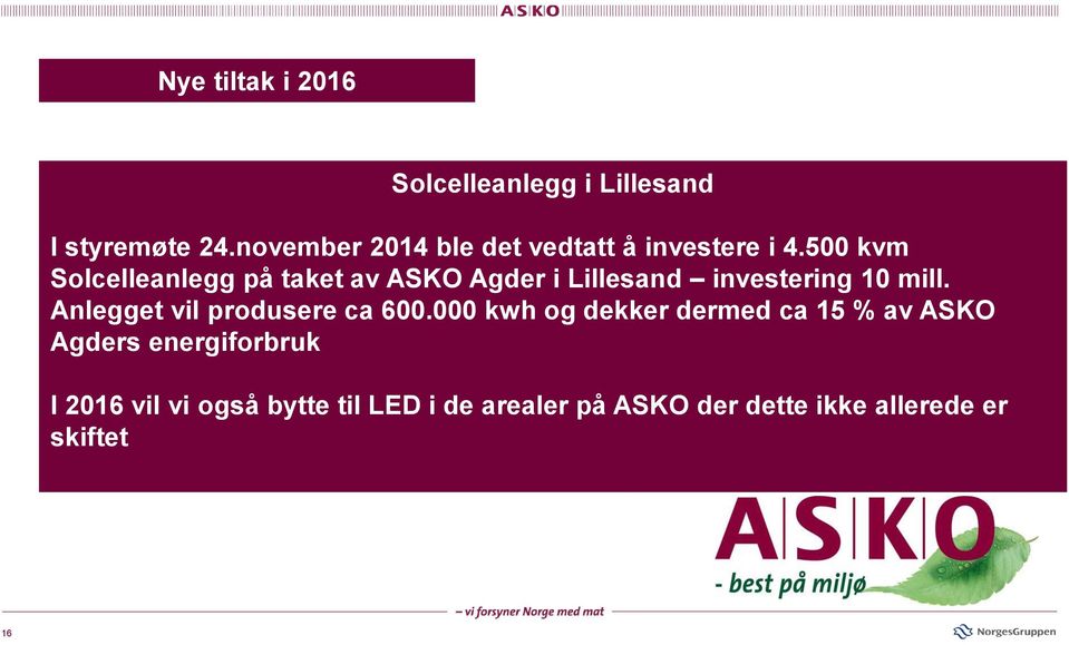 500 kvm Solcelleanlegg på taket av ASKO Agder i Lillesand investering 10 mill.
