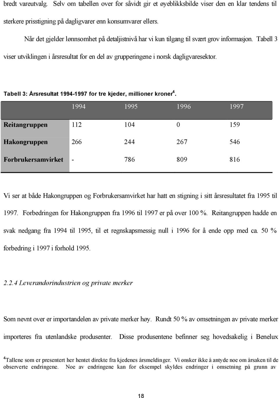 Tabell 3: Årsresultat 1994-1997 for tre kjeder, millioner kroner 4.
