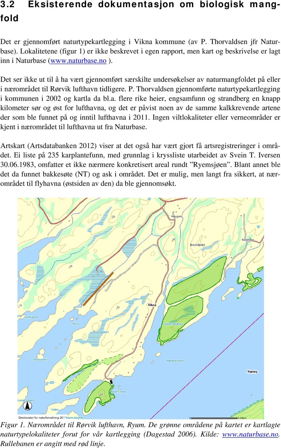 Det ser ikke ut til å ha vært gjennomført særskilte undersøkelser av naturmangfoldet på eller i nærområdet til Rørvik lufthavn tidligere. P.