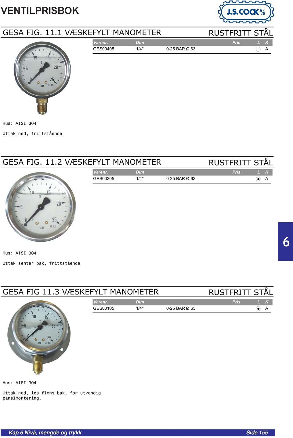 VÆSKEFYLT MANOMETER RUSTFRITT STÅL GES00305 1/4'' 0-25 BAR Ø 3 A Hus: AISI 304 Uttak senter bak,